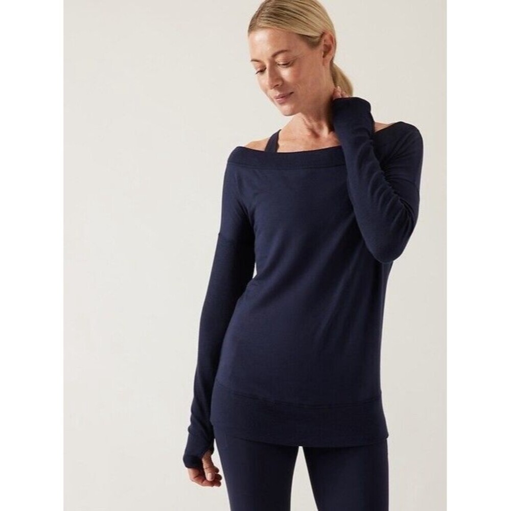 Athleta Studio Barre Pullover Sweatshirt Navy XS Off Shoulder Thumb Holes